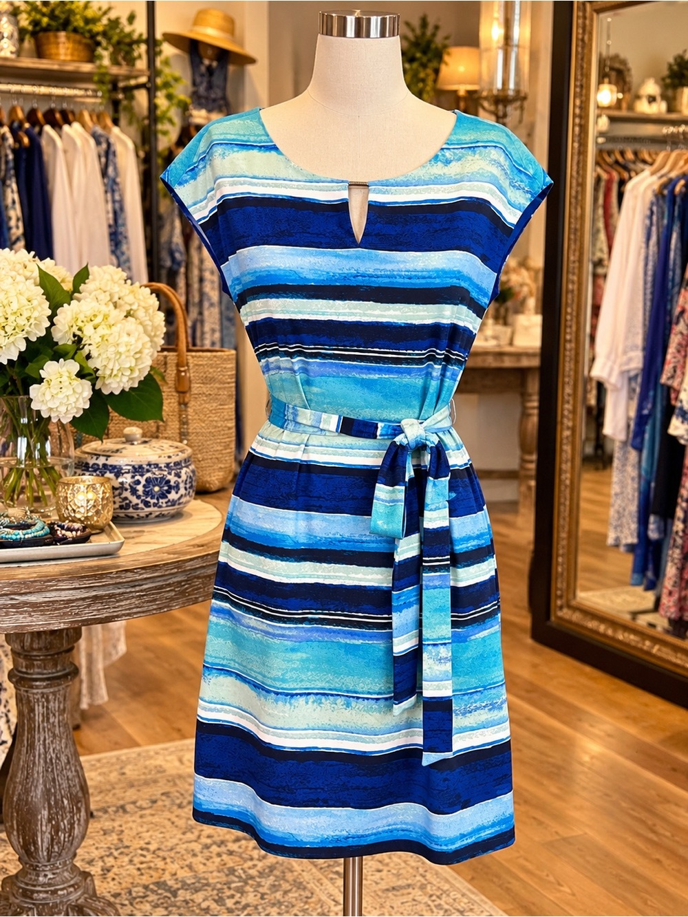 Marc New York Striped Blue Belted Cap-Sleeve Dress